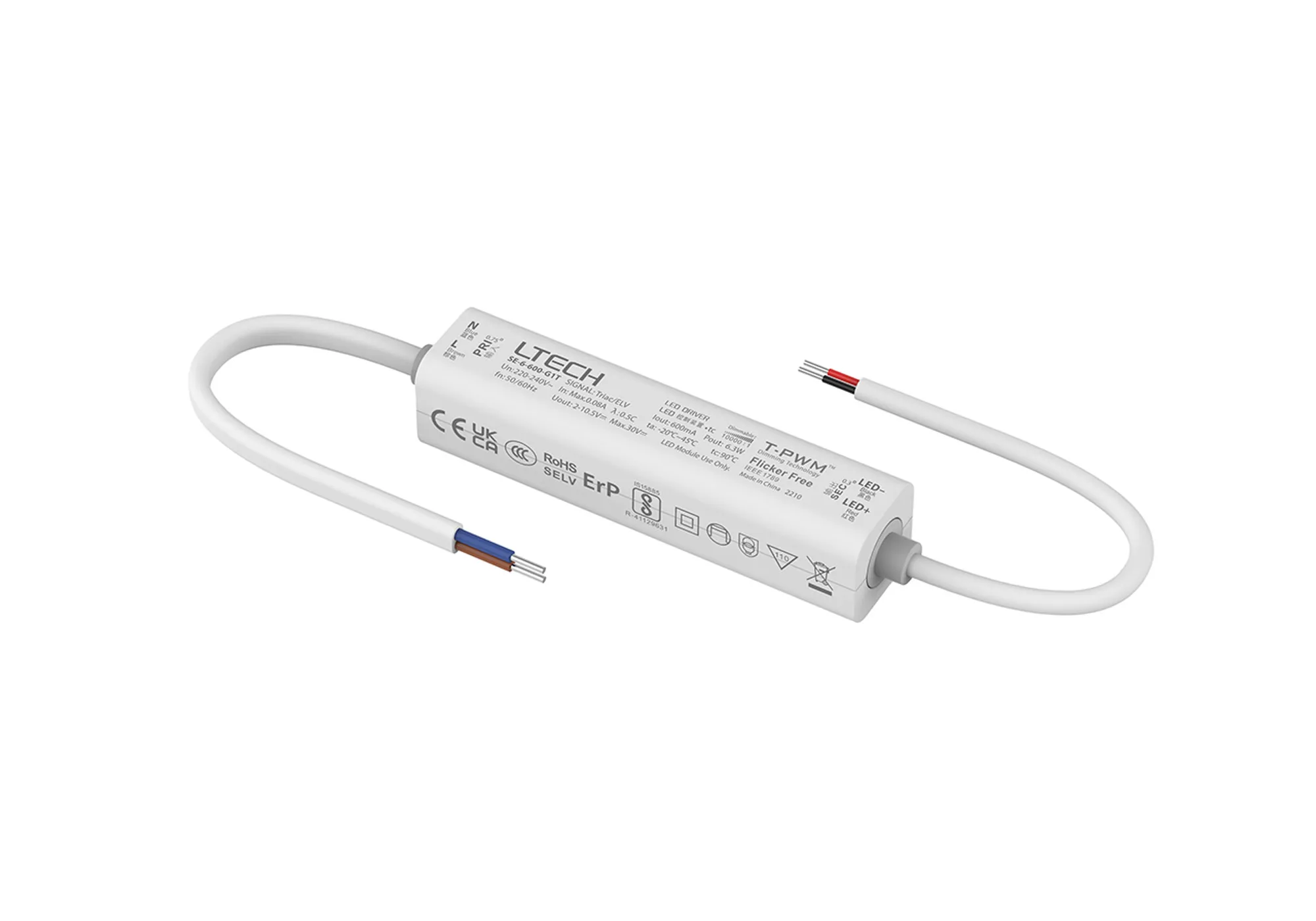 Triac/ELV, PWM,6W, C. Current Dimmable Driver, 600mA, DC:9-42Vdc, EFF>70%, IP20.